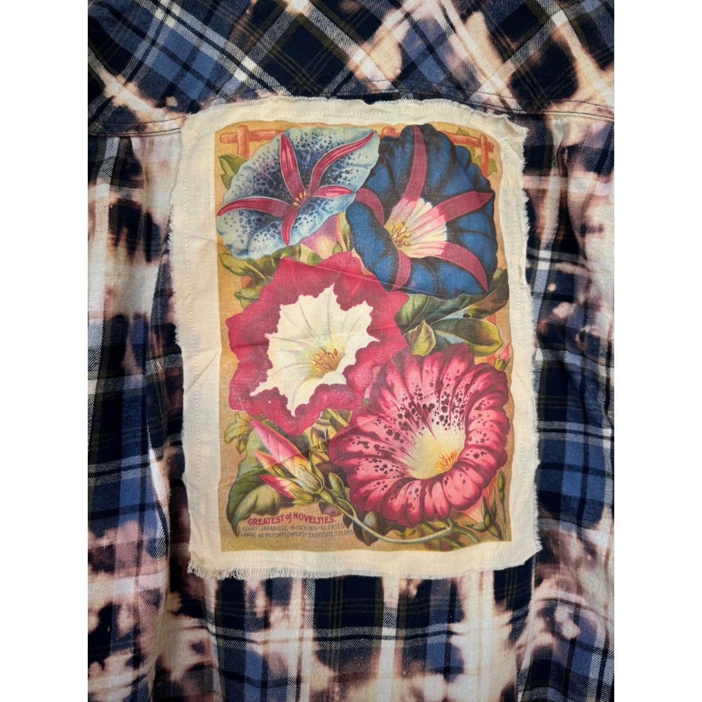 Upcycled Bleached Plaid Flannel XXL | Botanical‎ Patch Folk Art Shirt Jacket